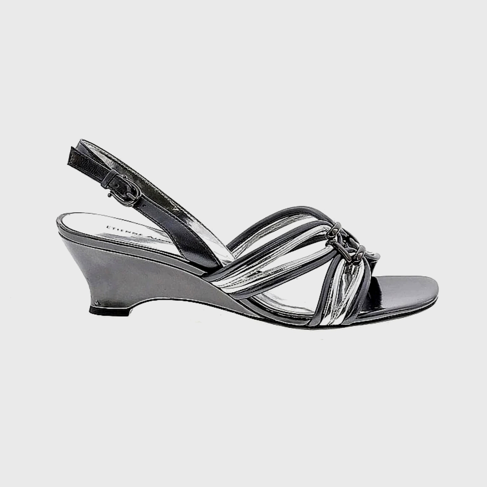 Etienne Aigner Silver & Black Slingback Wedge Sandals | Size 9